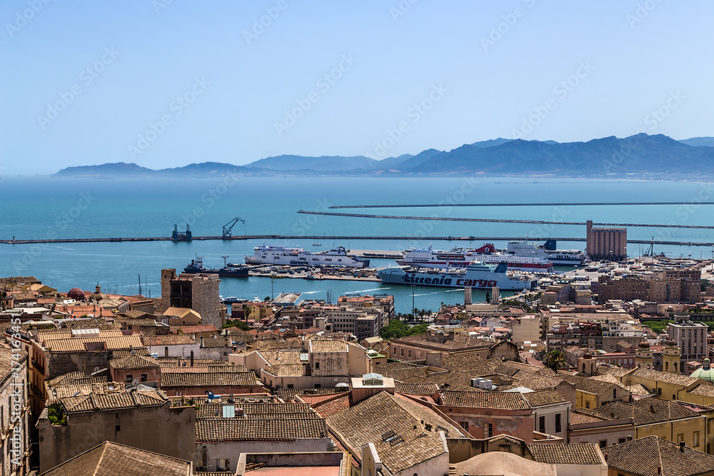 Cagliari, Sardinia, Italy. View from the tower to the old town and port