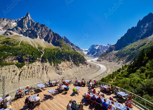 View over glacier Mer de Glace from terrace, Chamonix France