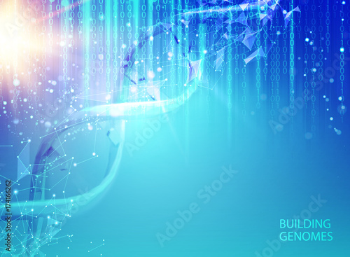 Scince illustration of bigdata with DNA molecule. Abstract binary code in matrix style over blue background. Dna bigdata visualization. Vector illustration.