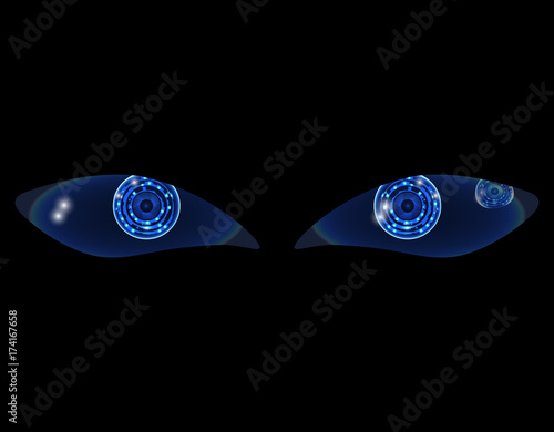 two shiny technological neon HUD eyes on a black background. illustration