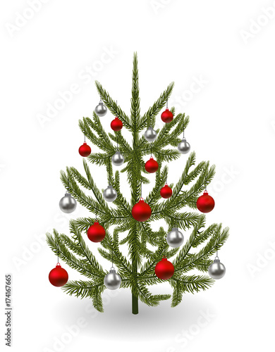 Symbol of the New Year, Christmas. An image of a beautiful green spruce decorated with red and silver balls. illustration