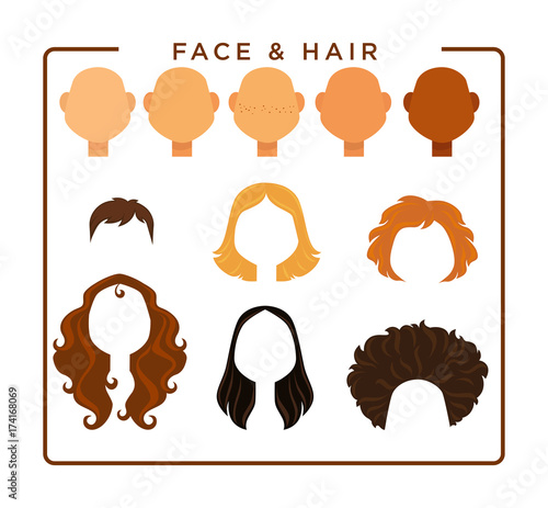 Female face and hair constructor isolated illustrations set