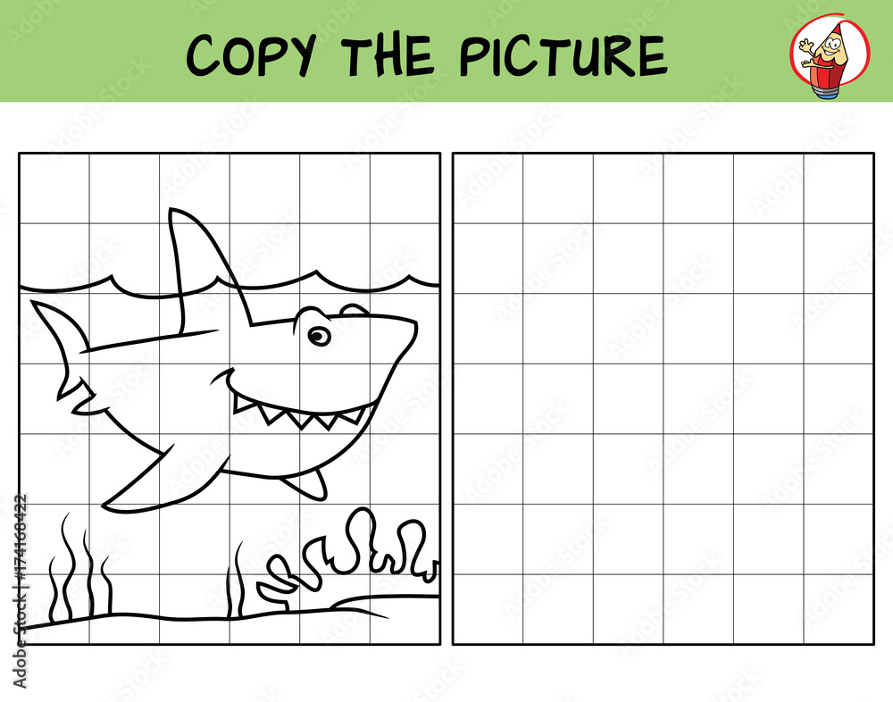Naklejka premium Zabawny uśmiechnięty rekin. Skopiuj zdjęcie. Kolorowanka. Gra edukacyjna dla dzieci. Ilustracja kreskówka wektor