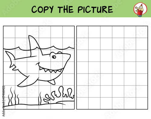 Funny smiling shark. Copy the picture. Coloring book. Educational game for children. Cartoon vector illustration