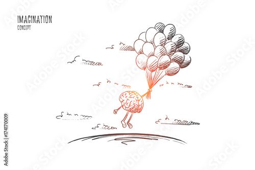 Imagination concept. Hand drawn brains flying with balloons. Flying brains as symbol of imagination isolated vector illustration.