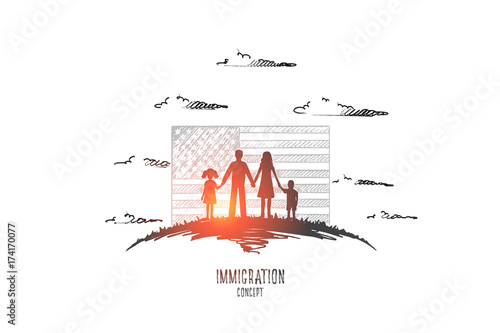 Immigration concept. Hand drawn family emigrates to united states. People in front of American flag isolated vector illustration.