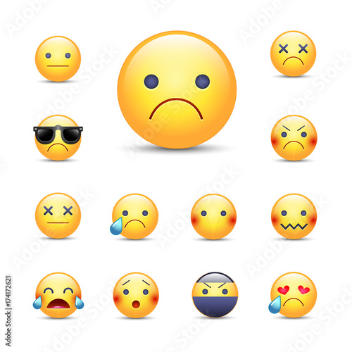 Sad, sorry cartoon vector emoji face set. Unhappy, crying, angry, depresserd smileys. Ninja, in sunglasses and over emoticons