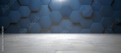 Dark Blue Wall with Hexagonal Tile and Marble Floor (3d Illustration)