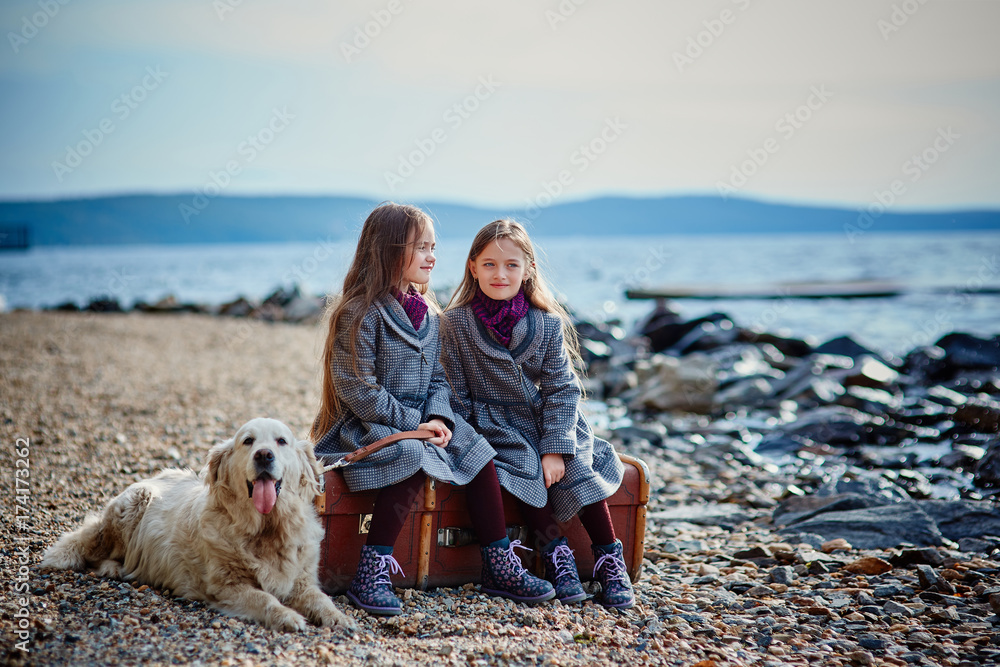 Two little twin sisters on a walk with dog on the beach. Two little twin sisters on a walk with dog on the beach.