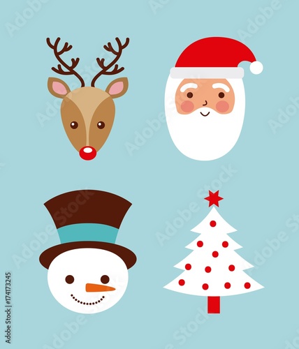 set of christmas santa deer tree and snowman vector illustration