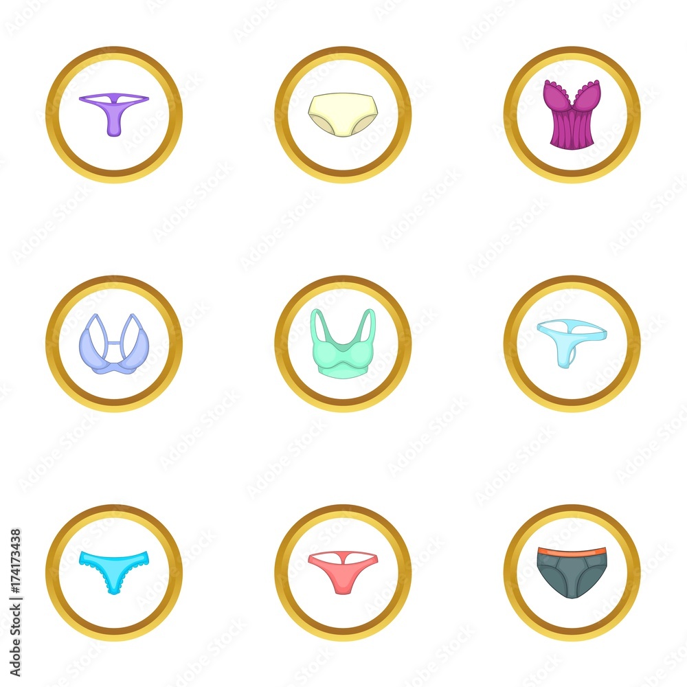 Female linen icons set, cartoon style Female linen icons set, cartoon style