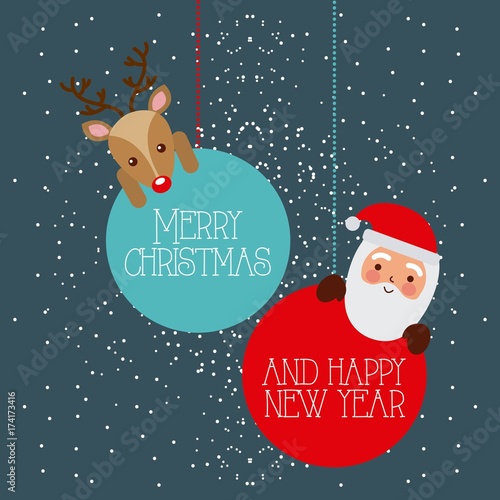 merry christmas and happy new year santa and deer hanging balls vector illustration