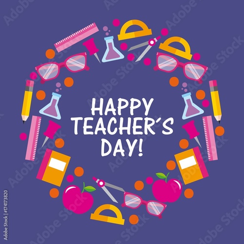 happy teacher day card celebration elements stationery supplies round vector illustration