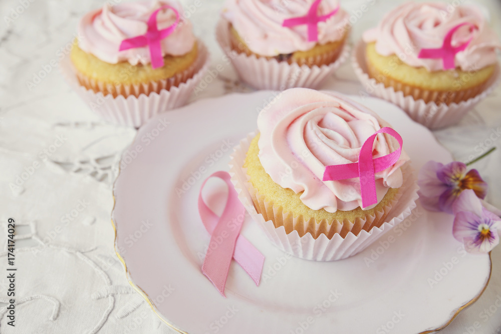 Rose flower cupcakes for pink ribbon day, Breast cancer awareness