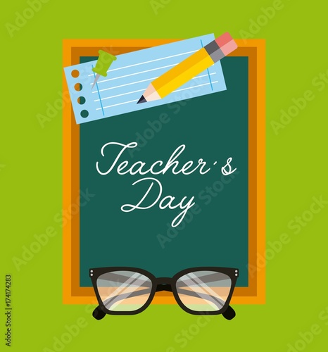 teachers day greeting chalkboard paper glasses and pencil vector illustration