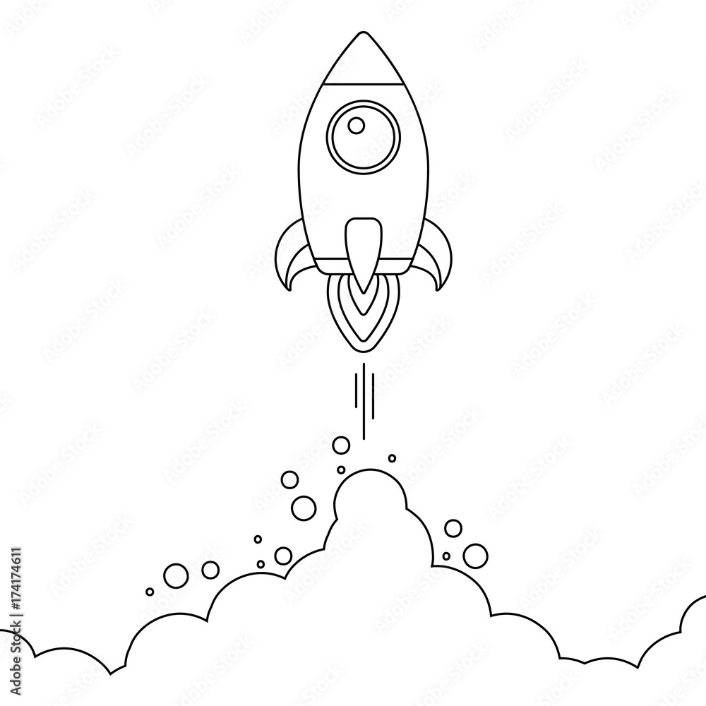 Minimalistic rocket launch line icon. Rocket illustration with clouds, space and launch fire, line art. Minimalistic rocket launch line icon. Rocket illustration with clouds, space and launch fire, line art.