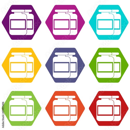 Nutritional supplement for athletes icon set color hexahedron