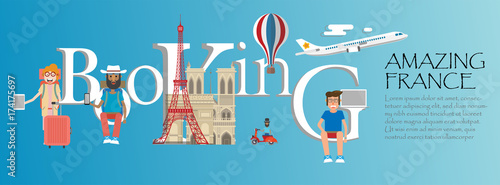 Travel infographic.France  infographic  booking  lettering and famous landmarks  amazing Paris concept  booking online concept.