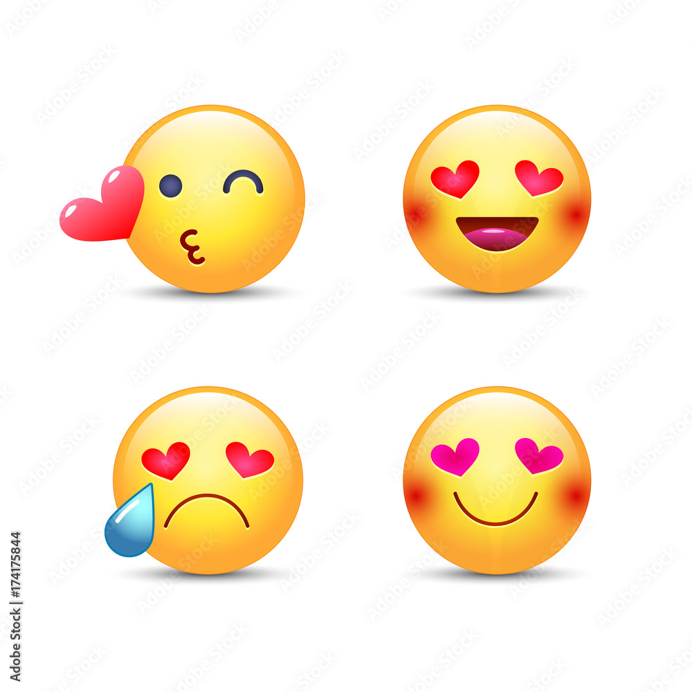 Love emoticon vector set. Cute cartoon emoji face in love, kissing ...