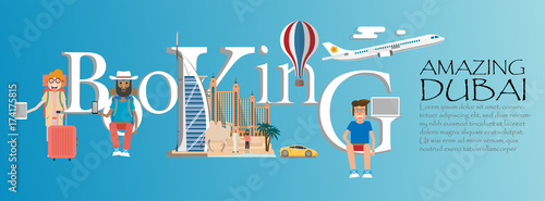 Travel infographic.Dubai  infographic, booking  lettering and famous landmarks ,amazing Dubai concept, booking online concept.