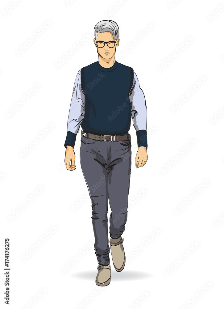 Sketch. Fashionable man in a shirt, sweater, trousers and shoes. Collection autumn-winter of 2017. Sketch. Fashionable man in a shirt, sweater, trousers and shoes. Collection autumn-winter of 2017.