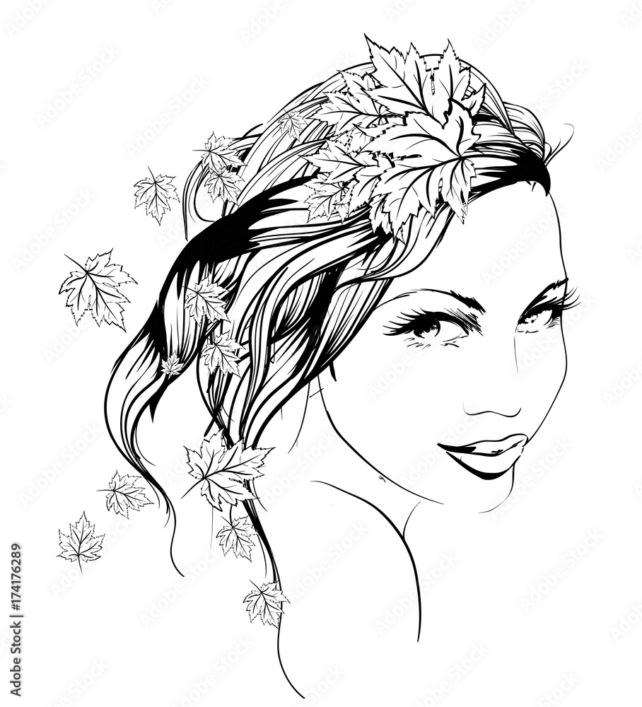 Fototapeta premium Autumn style. Vector girl with autumn leaves in long hair