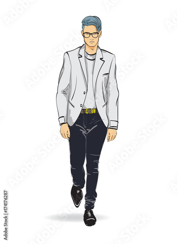 Sketch. Fashionable man in a jacket, breeches and shoes. Collection autumn-winter of 2018.