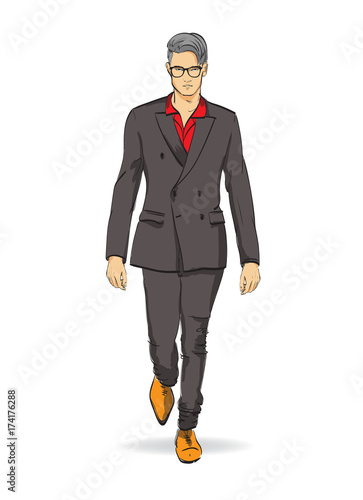 Sketch. Fashionable man in a jacket, breeches and shoes. Collection autumn-winter of 2018.
