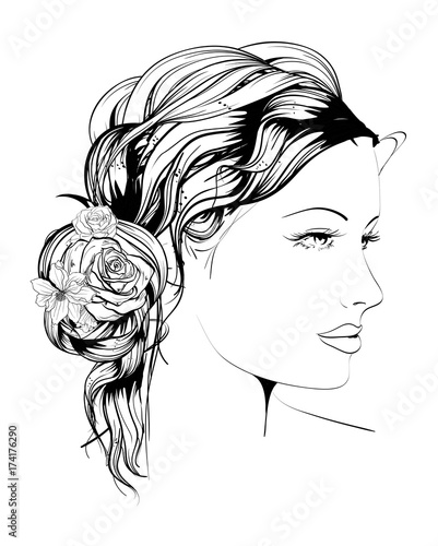 Sketch. Summer Style. Girl with flowers in her hair