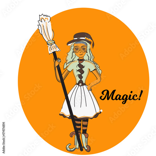 Cute little witch , cartoon magic Halloween young girl, character costume hat, vector illustration.