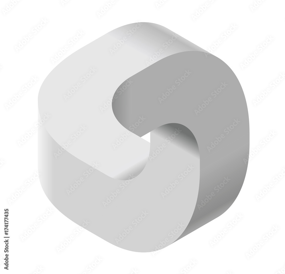 Abstract curved vector shape reminiscent of technological development, nanotechnology component. Isometric brand of scientific institution, research center, laboratories, spatial paradox. Abstract curved vector shape reminiscent of technological development, nanotechnology component. Isometric brand of scientific institution, research center, laboratories, spatial paradox.