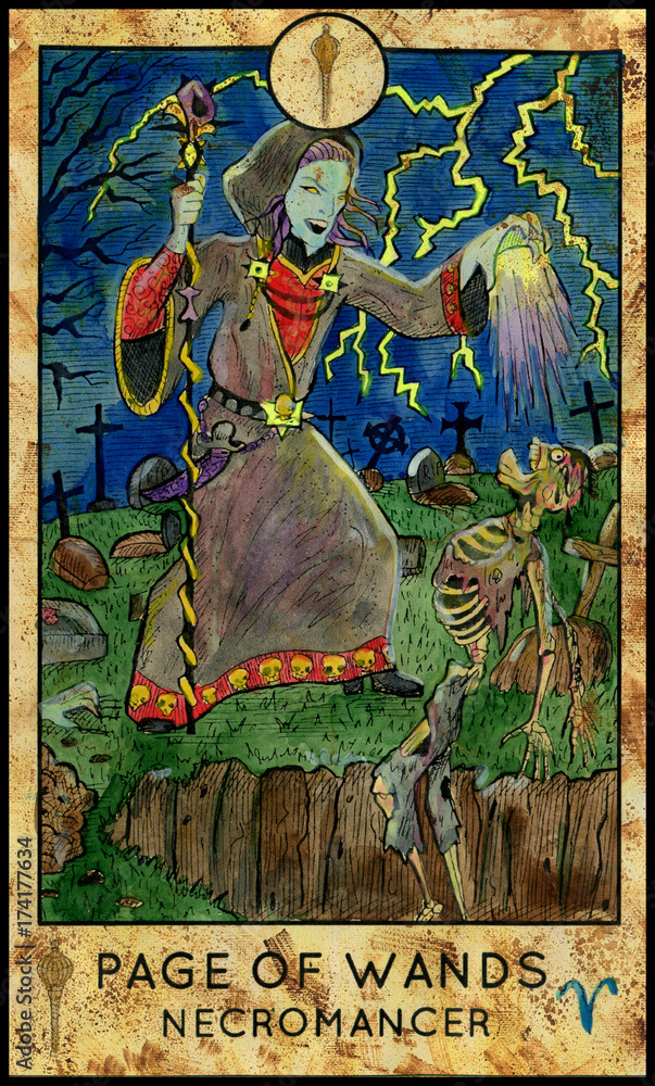 Obraz premium Necromancer or warlock. Minor Arcana Tarot Card. Page of Wands