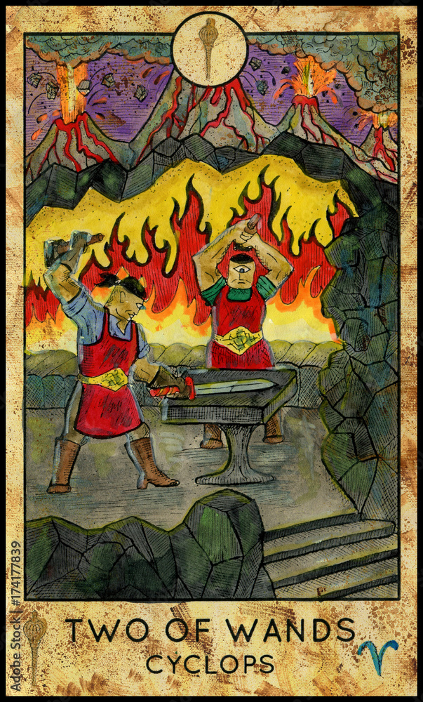 Cyclops. Minor Arcana Tarot Card. Two of Wands Stock Illustration