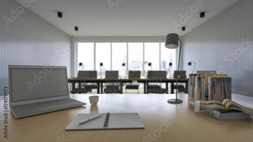 3d rendering of working table with depth of field photo