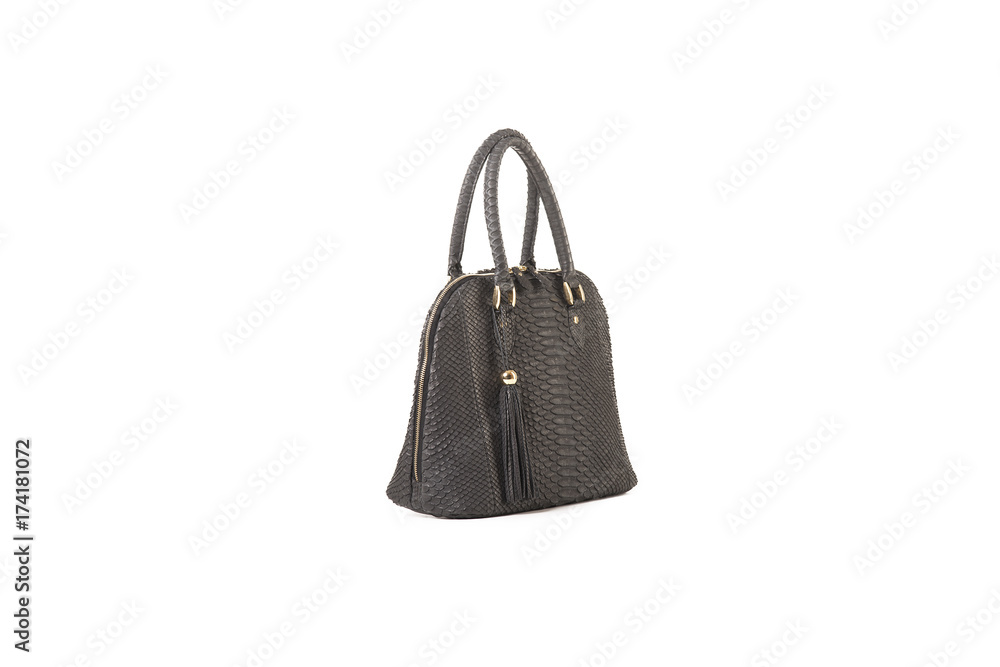 Women's black leather bag on an isolated background.