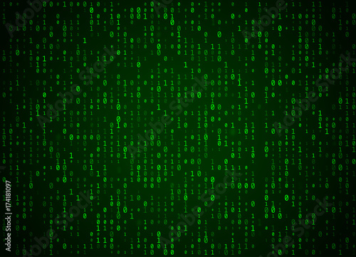 Vector binary code green background. Big data and programming hacking, deep decryption and encryption, computer streaming numbers 1,0. Coding or Hacker concept