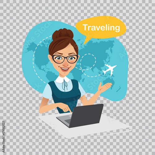 Trip to World.Travel to World.Travel agency banner.Travel agent works on laptop. Illustration on transparent background. photo