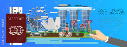 Travel infographic .Singapore  infographic , passport  with landmarks of Singapore .