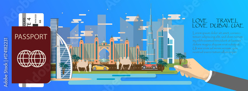Travel infographic .Dubai  infographic , passport  with landmarks of Dubai .