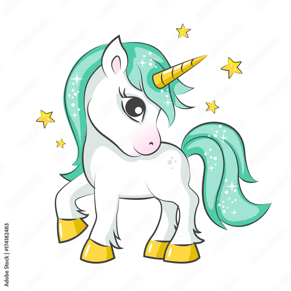 Cute magical unicorn. Vector design on white background. Print for t ...