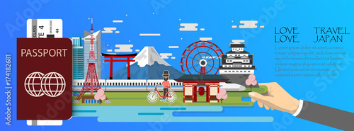 Travel infographic .Japan  infographic , passport  with landmarks of Tokyo .