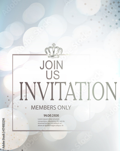 Blue invitation card with frame, crown and defocused lights on the background. Vector illustration