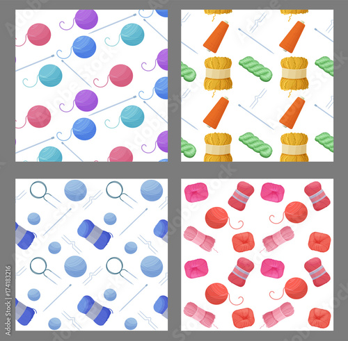 Seamless colorful patterns set with crafts icons isolated, vector illustration with woolen colorful yarn skeins for knitting and handmade concept