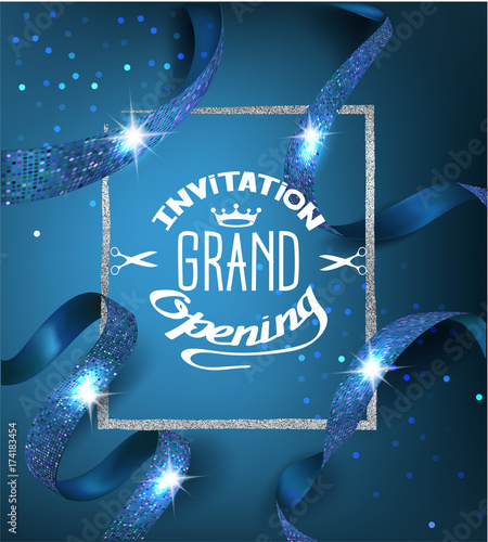 Elegant blue grand opening invitation card with blue ribbons with pattern and silver frame. Vector illustration