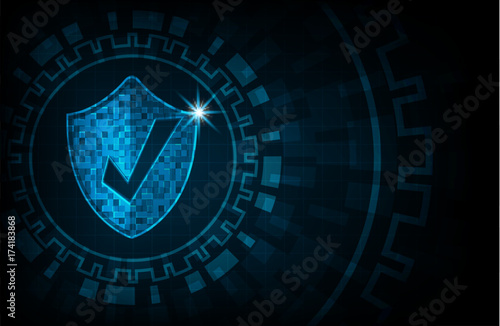 Cyber security concept: Shield With check mark icon on digital data background. Ransomware alert, technology ,cyber secueity,cybercrime.