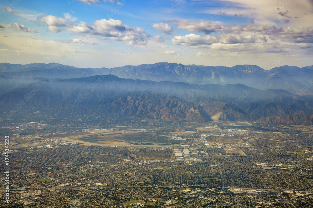 Aerial view of Irwindale, West Covina, view from window seat in an airplane