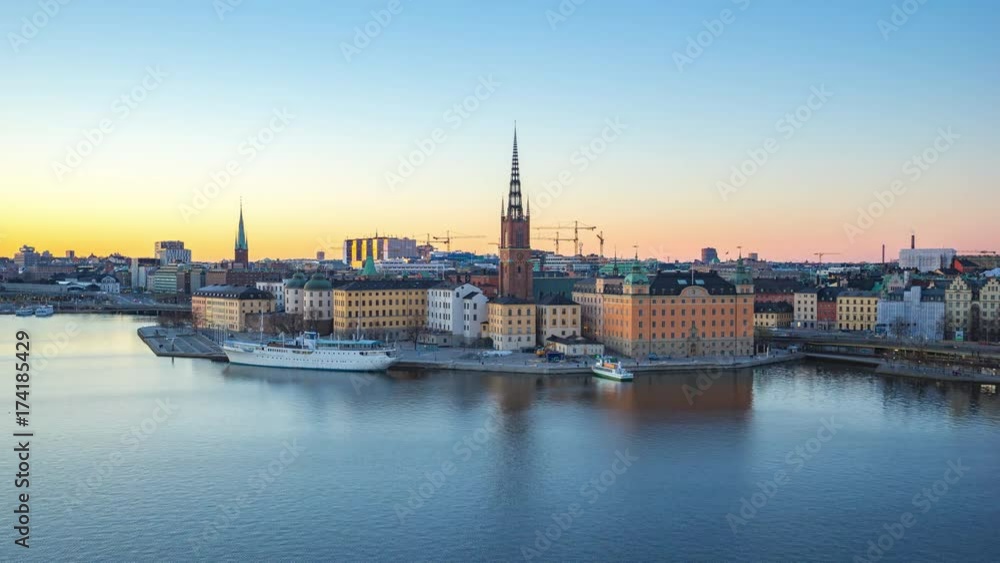 Aerial view of Stockholm Gamla Stan skyline day to night Timelapse in Sweden Aerial view of Stockholm Gamla Stan skyline day to night Timelapse in Sweden
