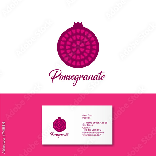 Pomegranate logo. Pomegranate emblem. Garnet and grains on a light background.