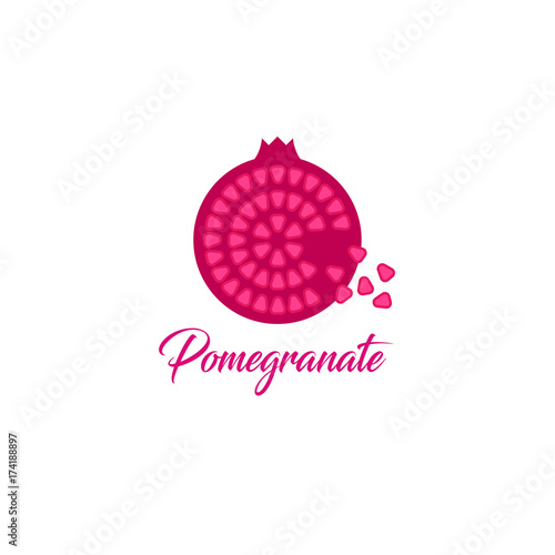 Pomegranate logo. Pomegranate emblem. Garnet and grains on a light background.