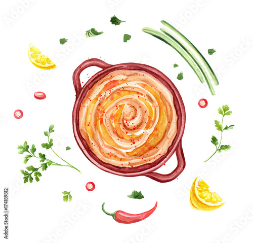 hummus, arabic cuisine dish, chickpeas puree. Watercolor illustration for menu, recipe, cookbook © katedeepomania